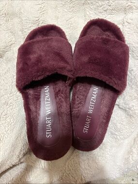 Stuart Weitzman Plush Open-Toe Slide Slippers in Burgundy
